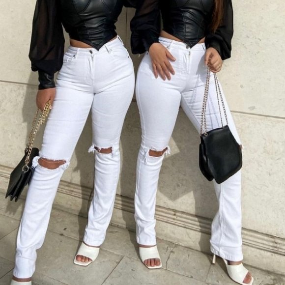 White High Waist Ripped Distressed Straight Leg Jeans Denim Pants - Picture 6 of 8